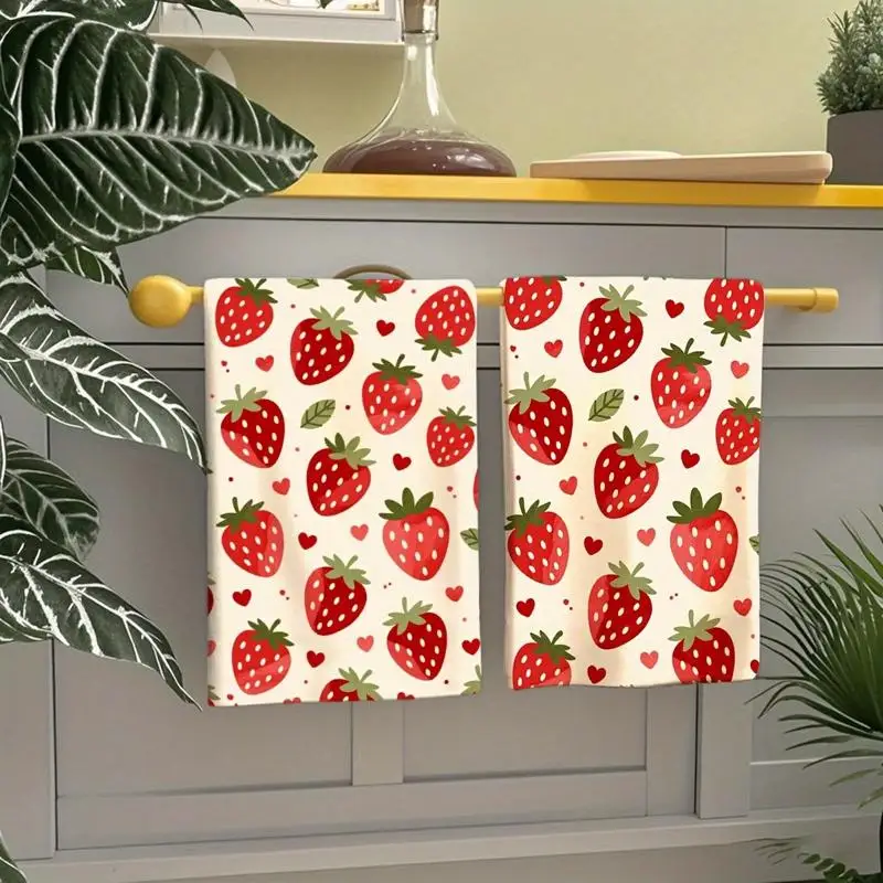Pack of 2, rustic towels with strawberry pattern printing, dishtowels, hand towels
