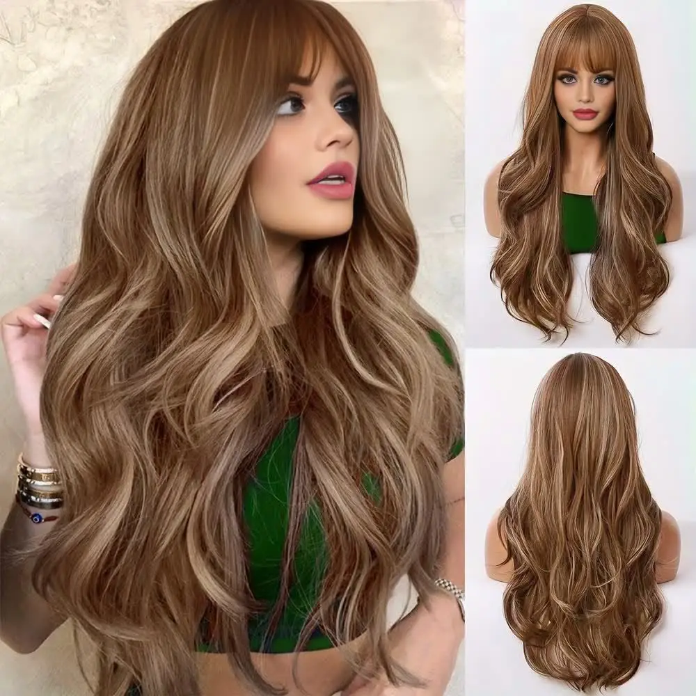 

26 Elegant Ladies Wig Brown Mixed Color Wave Long Hair Synthetic Rose Mesh Cap