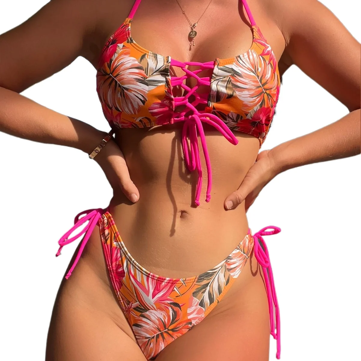 

New Cross-Strap Split Beach Sets Women's European & American Sexy Print Bikini Set for Foreign Trade Fashion Swimsuits