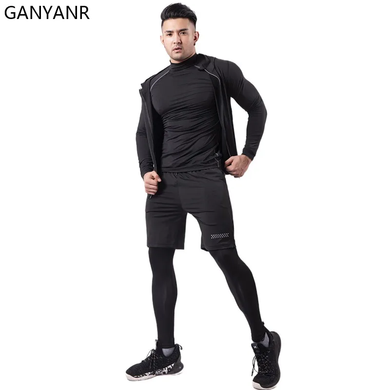 GANYANR Running Set Men Clothing T-shirt Jacket Pants Sweatshirt Hoodies Sports Suit Football Pullover Winter Fleece Tracksuit