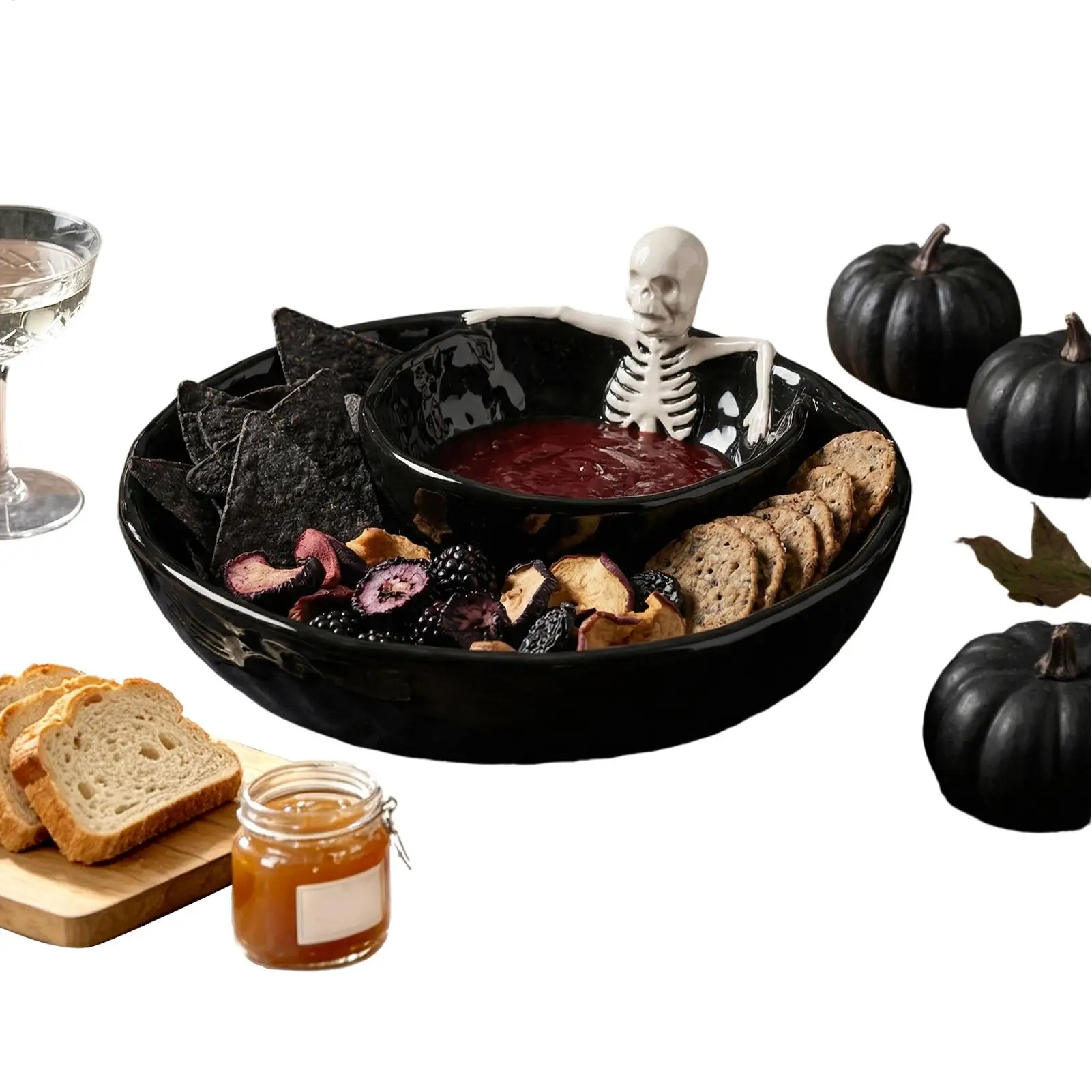 Dipping Bowls Halloween Double Layer Ceramic Skull Spooky Gothic Dish 8.5-inch Salsa Serving Appetizer Bowls for Kitchen