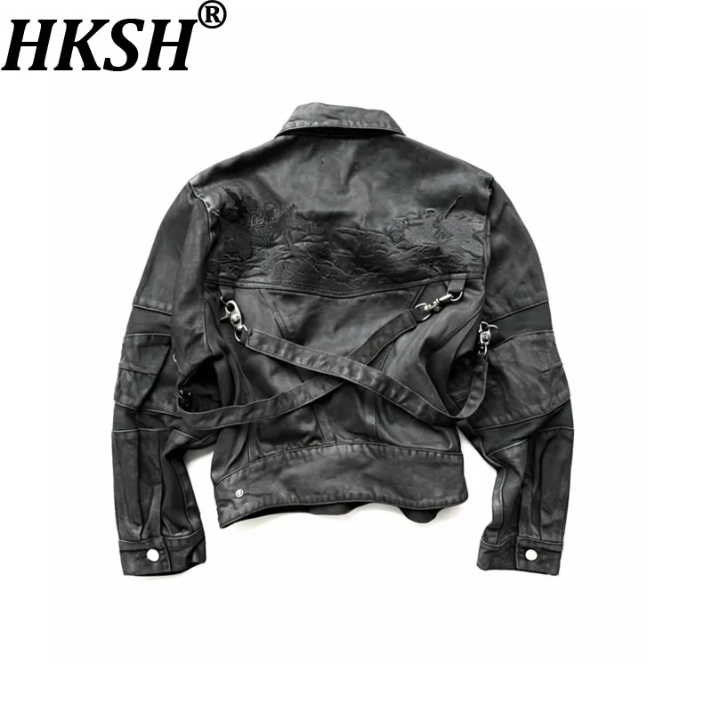 HKSH Spring Autumn New Men Tide Dark Chic Ins Fashion Gothic Coats Hand-Waxed Embroidered Detachable Strap Ribbon Jacket HK28446