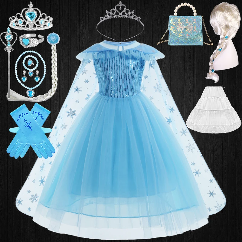 

Halloween Cosplay Girl Sequin Snow Queen Elsa Princess Dress + Removable Cape Carnival Christmas Kids Masquerade Party Costume