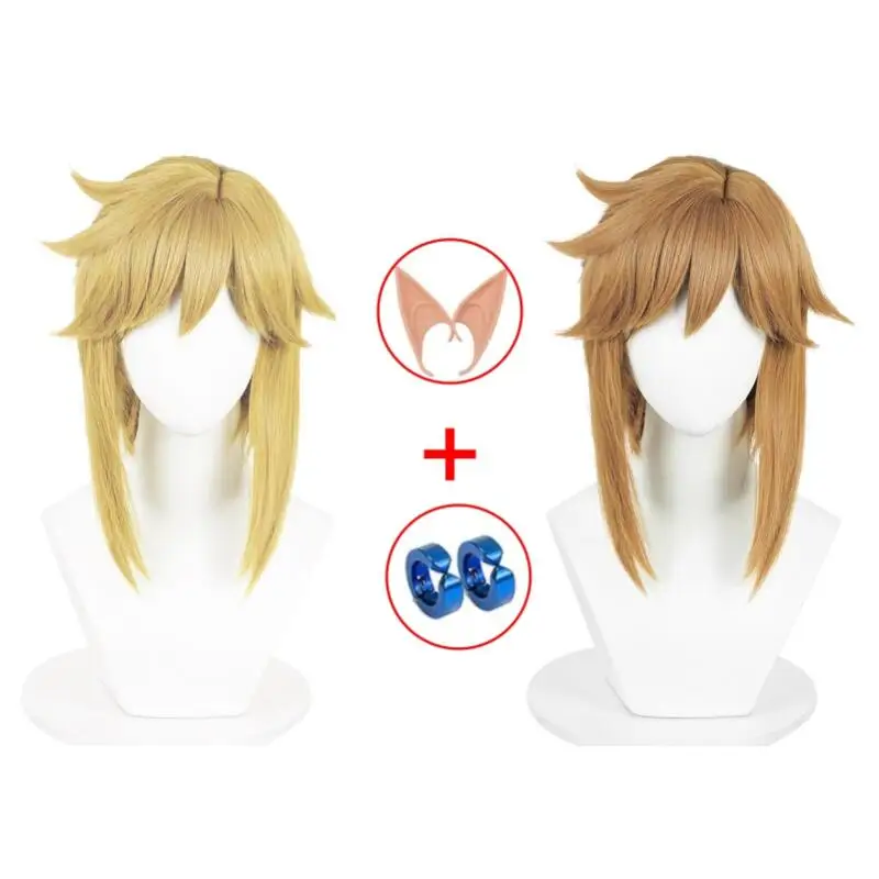 Anime Link Cosplay Wigs Princess Blonde Brown Resistant Synthetic 29cm Hair Halloween Party Link Wigs + Elf Ears Earrings Suit