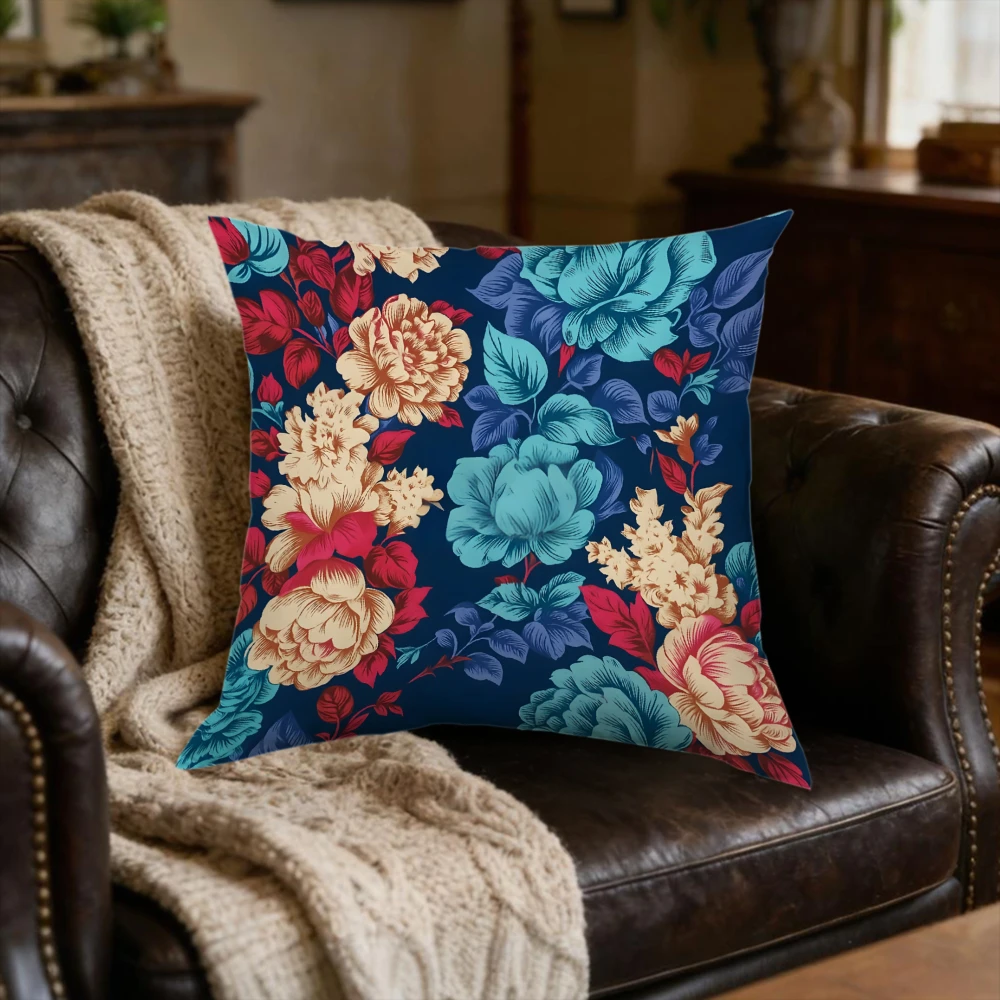1Pc Vintage Navy Blue Peony Print Cushion Cover Soft Breathable Fabric for Home Sofa Bedroom Decor