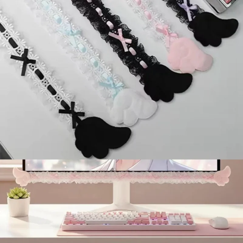 [1Pcs Computer Monitor Decor Strip Stickers Black Bow Lace Wings Design Desk Screen Decor Gaming Room Display Screen Ornaments]