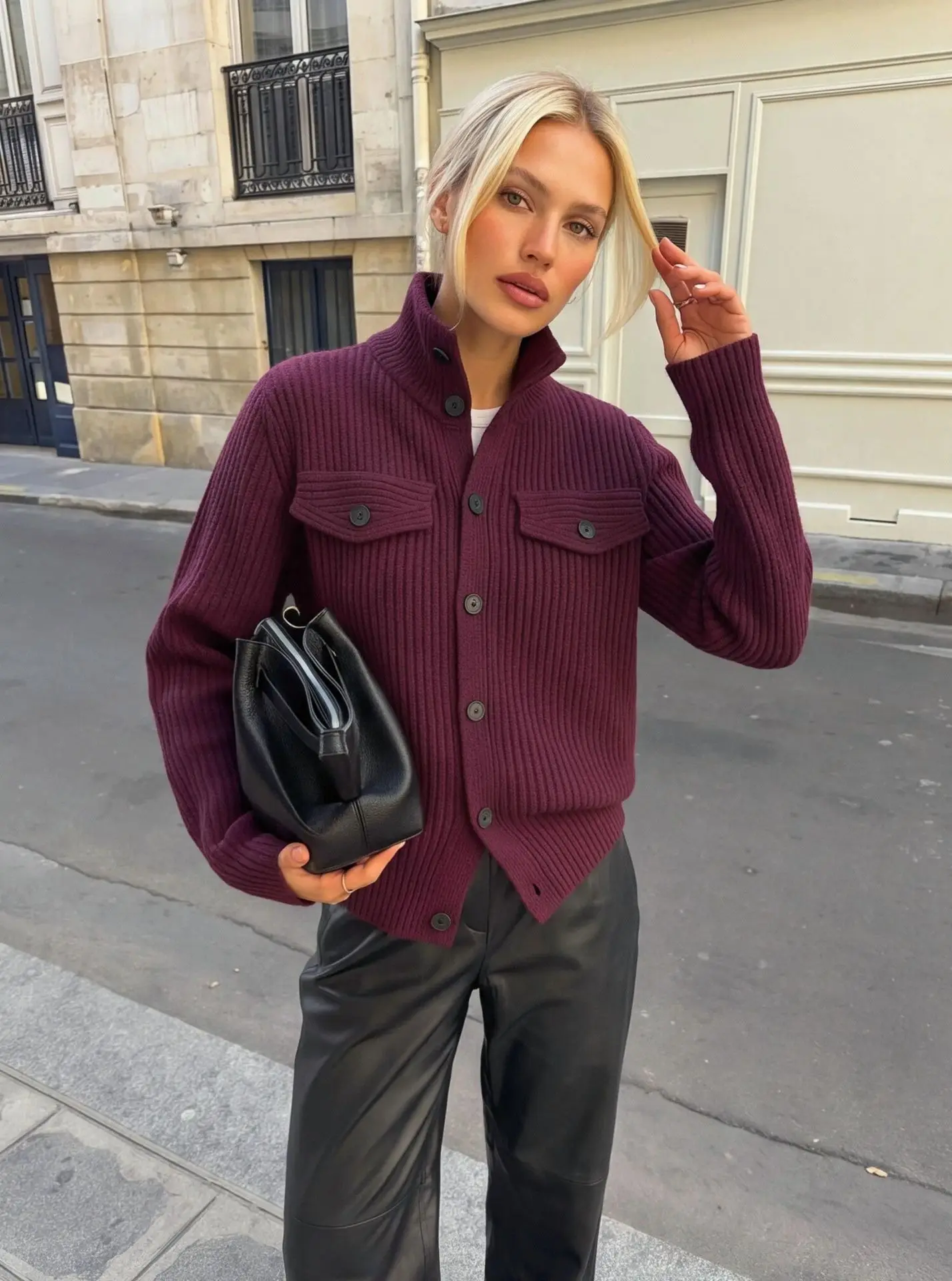 High Neck Knitted Cardigan Jacket Women Single Breasted Long Sleeve Casual Elegant Outerwear Spring Autumn Outfits