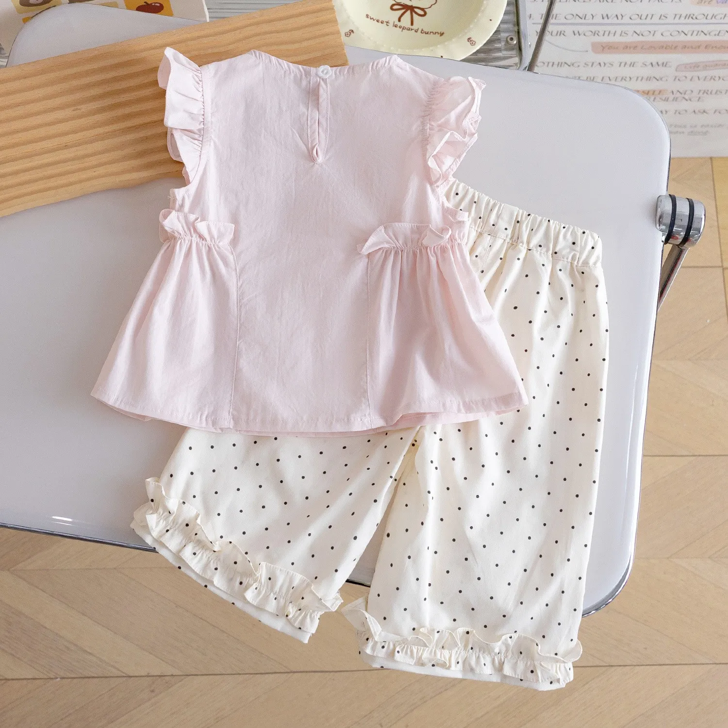 

Toddler girls Summer Set Pure Cotton Embroidery Vest Top and fashion Wide Leg Pants Two-Piece Set Baby Girls summer clothing