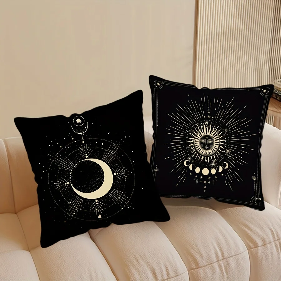 Black throw pillowcases with a sun, moon, and starry sky pattern, suitable for home or office sofa upholstery.