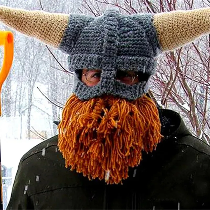 

Funny Viking Cosplay Handmade Knitted Hat with Beard Horn Women Men Halloween Party Pirate Dress Up Head Gear Winter Warm Cap