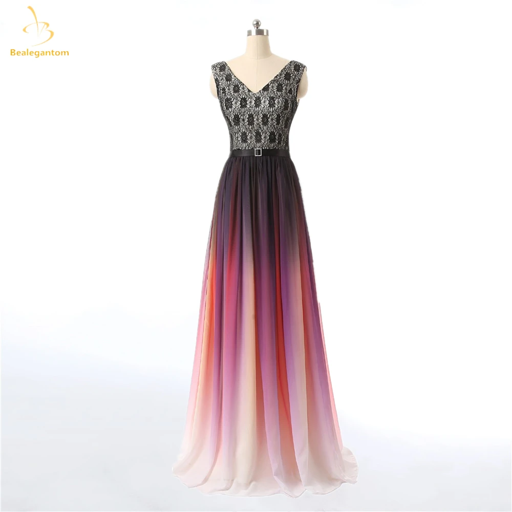 Bealegantom V-Neck Lace Gradiente Chiffon Prom Vestidos, Sexy Cinto Formal, Evening Party Gown, Novo, Ombre