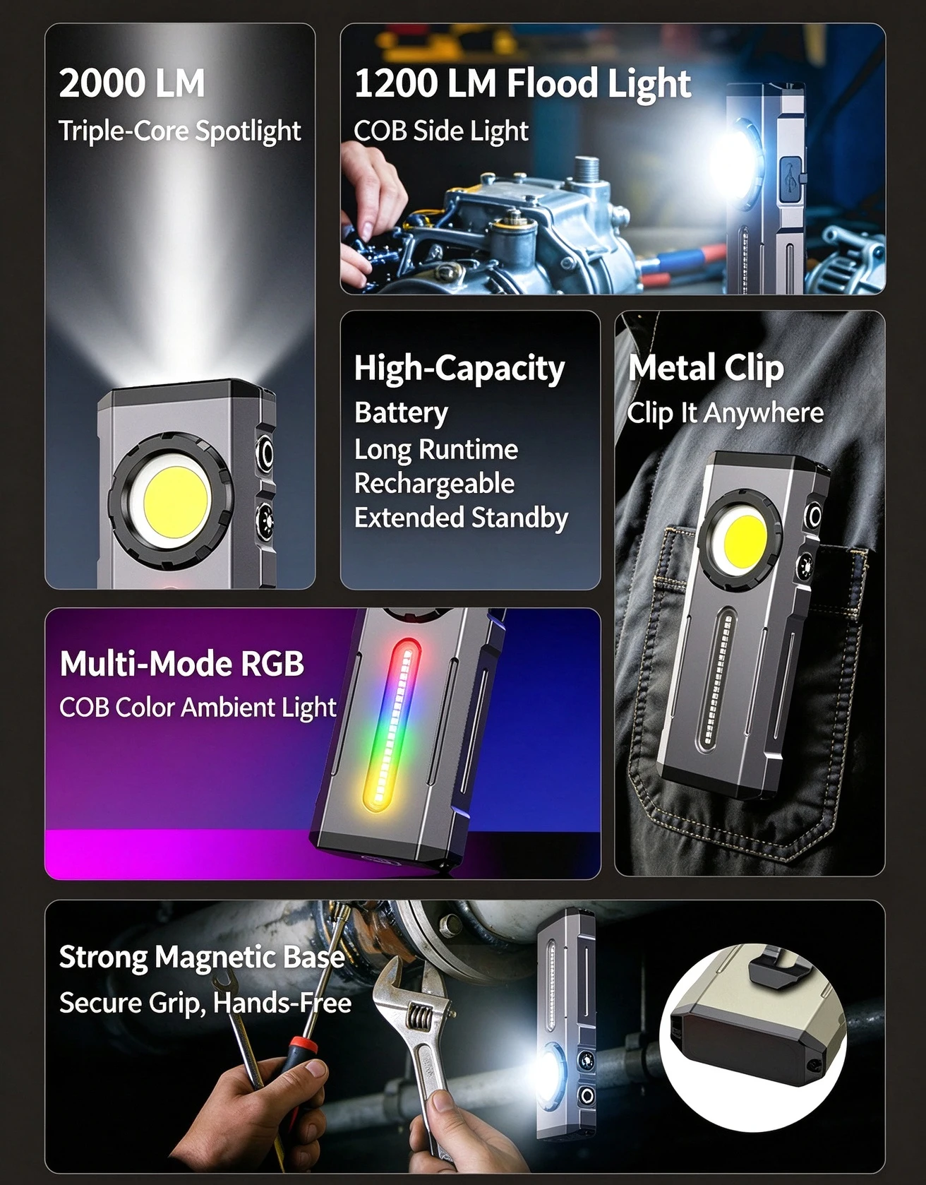 2000LM RGB Work Light Rechargeable COB Flashlight with Magnet Waterproof Portable Pocket Torch with Clip for Car Repair Camping