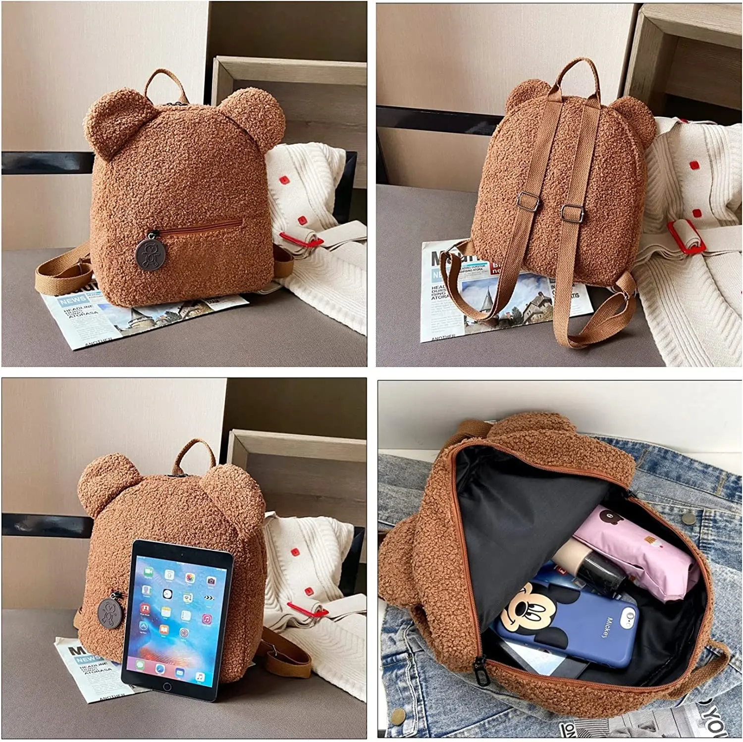 Personalised Mini Kawaii Bear Ear Backpack Embroidery Any NameTeens Kid Faux Fur Schoolbag Aesthetic Furry Sherpa Fleece Daypack