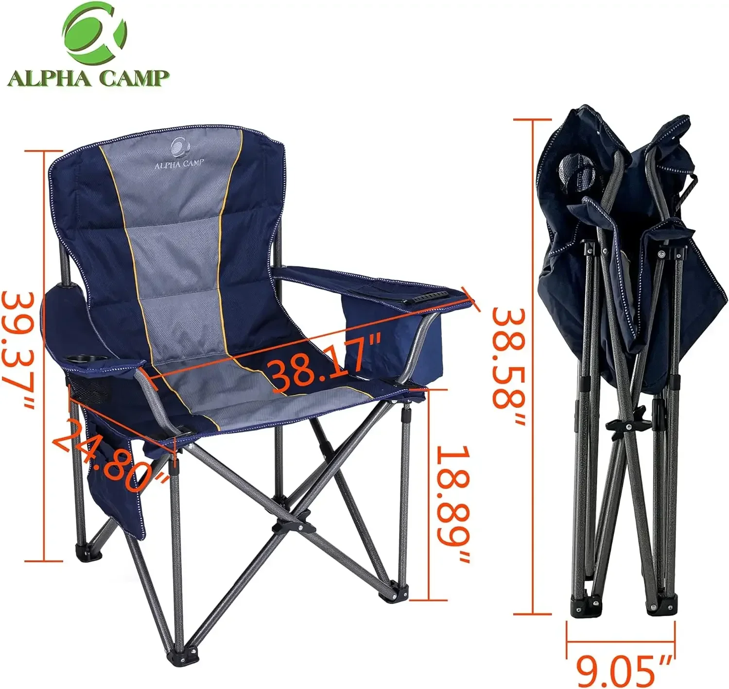 Oversized Camping Folding Chair Heavy Duty with Cooler Bag  Collapsible Padded Arm Quad Lumbar Back Chair Portable