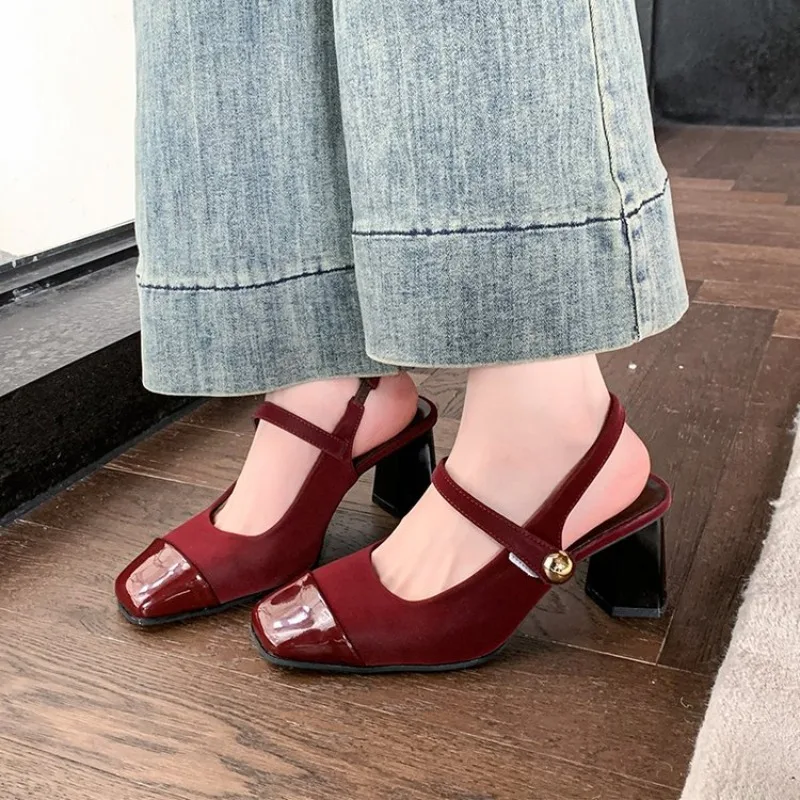 

Spring Summer Ladies Bridal Fashion High Heels New Patent Leather Coarse Following Square Head Sandals Comfortable Women Shoes
