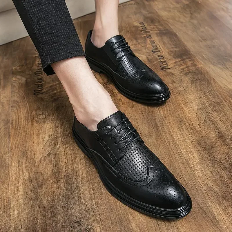 Sapatos de couro britânico casual masculino, estilo coreano, de topo baixo, fundo macio, negócios, mocassins formais