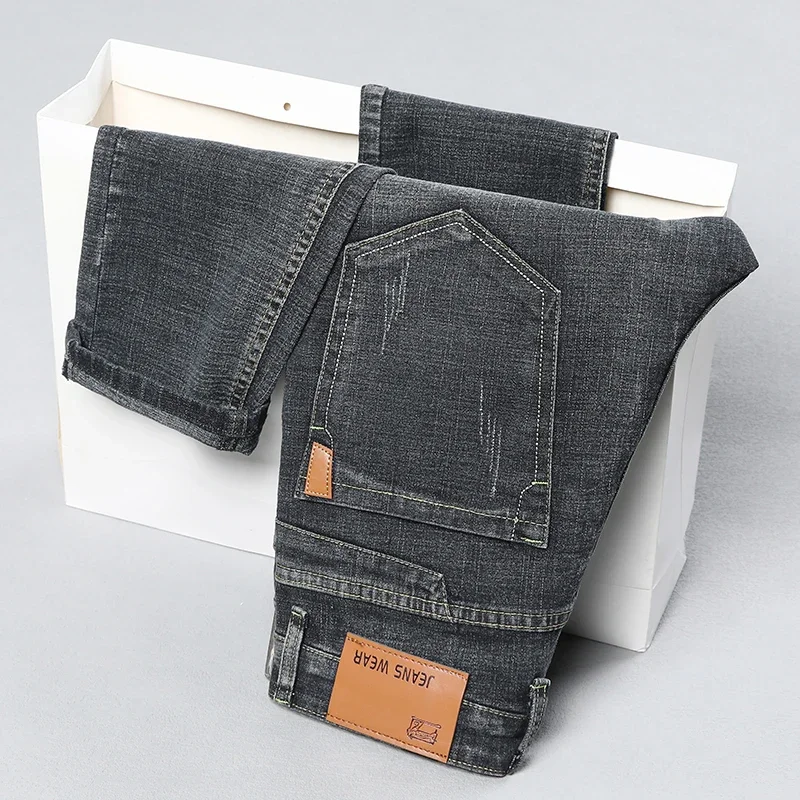 

Men's Slim Straight Jeans Autumn New Classic Smoke Gray Cotton Stretch Small Legs Pants Fashion Korean Scratches Casual Trousers