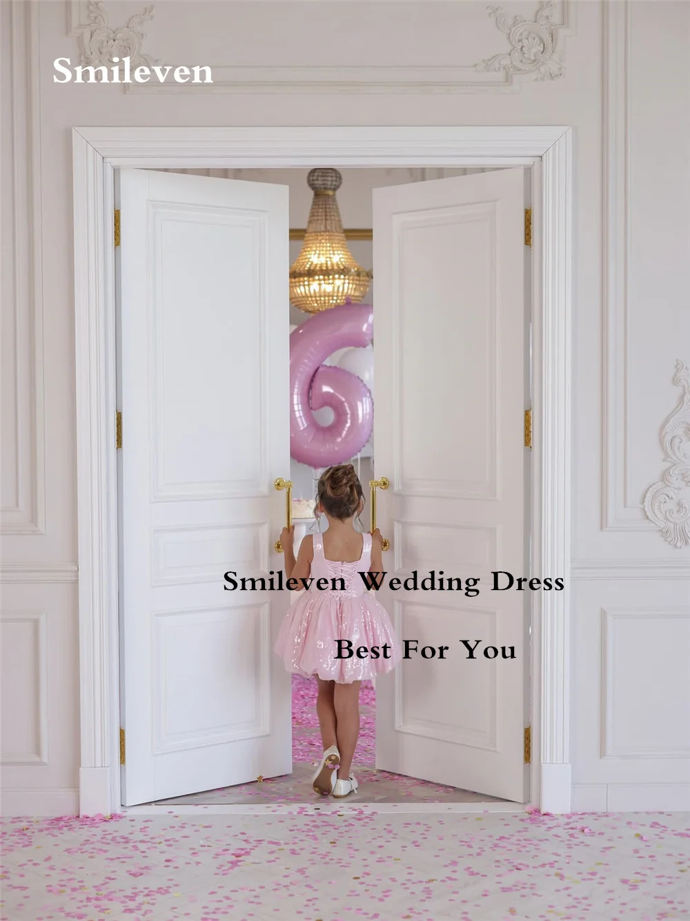 Smileven Pink Sequin Square Neck Flower Girl Dresses Sleeveless Short Puffy Skirt Dress Kids Wedding Party Gowns Customized