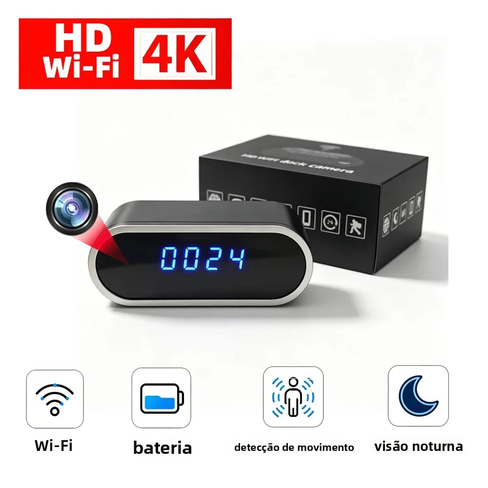 Câmera Mini Relógio Wi-Fi HD4K, Nova, com Visualização Remota Aprimorada, Detecção de Movimento, Visão Noturna Infravermelha, Câmera HD para Casa