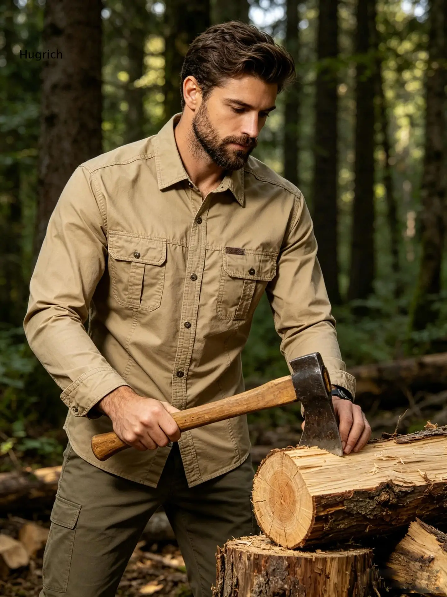 Mens Long Sleeve Work Shirt Point Collar Dual Flap Chest Pockets Button Front Solid Top For Outdoor Work And Field Activities