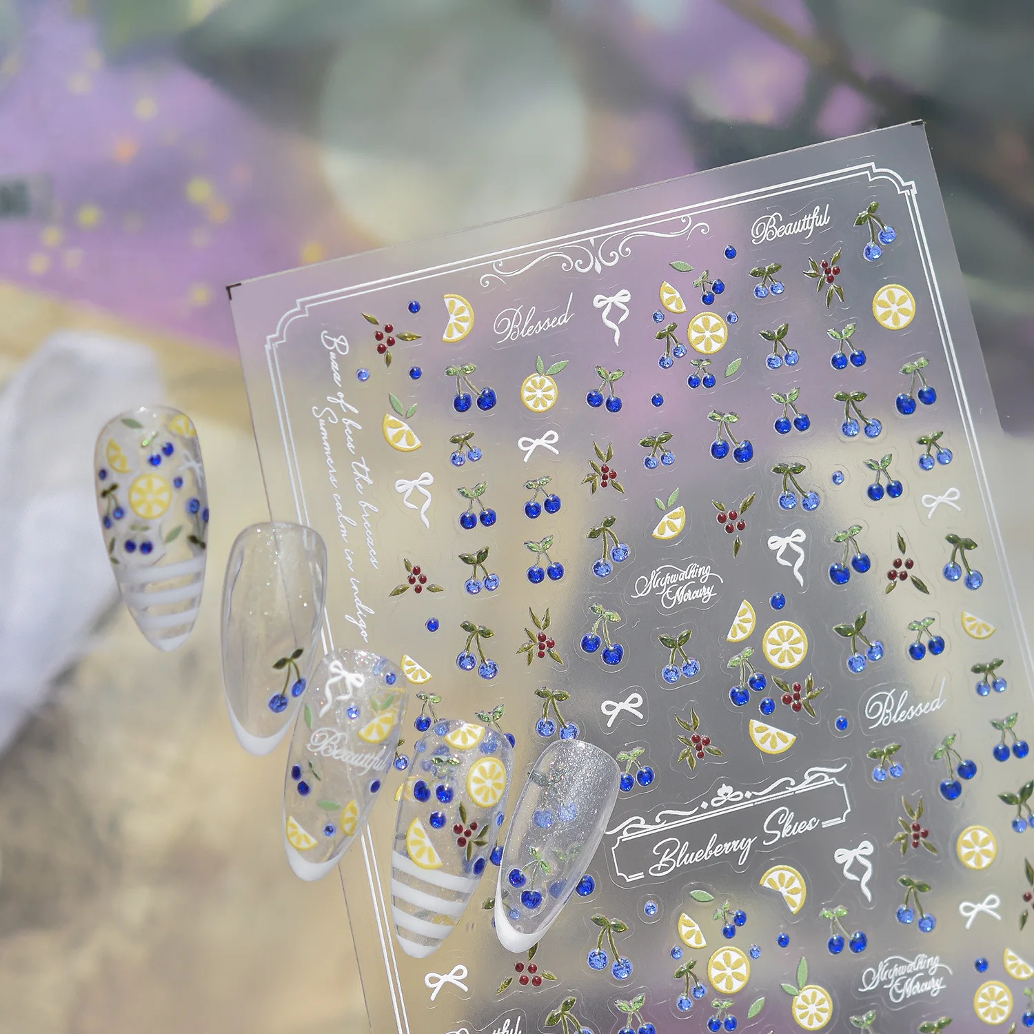 Europäische 5D Nagelkunst-Sticker: Blaubeere-Zitrone Frucht-Schleife im frischen Stil, selbstklebende süße Nagel-Abziehbilder für DIY-Maniküre