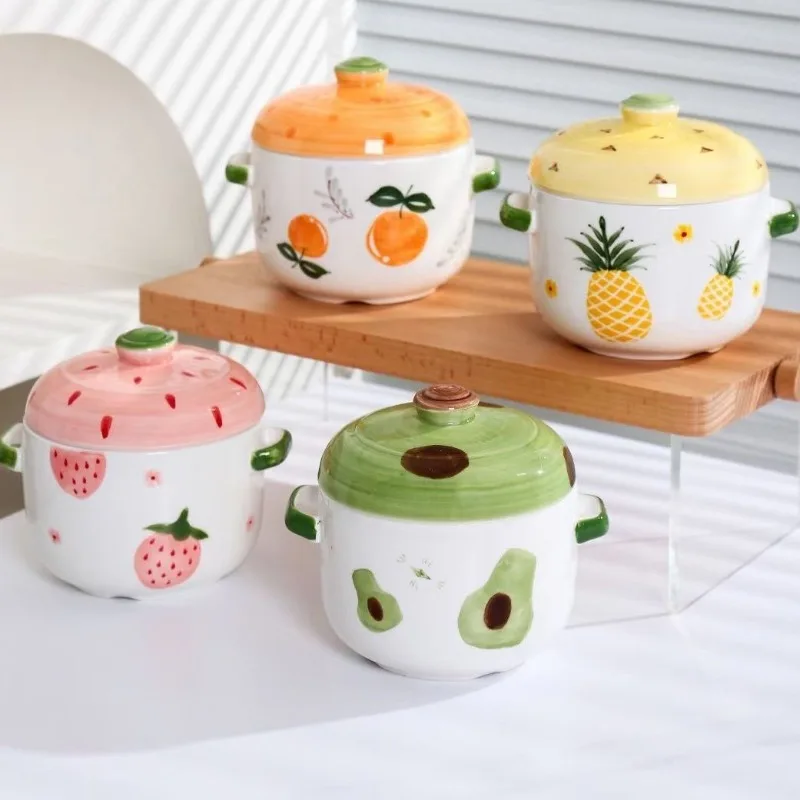 

Ceramic Double Lid Double Ear Water-resistant Stew Pot, Cute Fruit Stew Pot Bird's Nest Dessert Cup, Household Kitchen Supplies