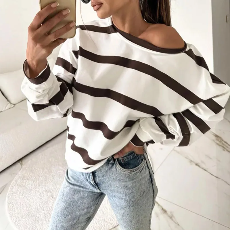 Y2K Hoodies Casual Striped Print Sweatshirts Woman Fall Round Neck Loose Top Pullover 2024 Winter Long Sleeve T-shirt Sweatshirt