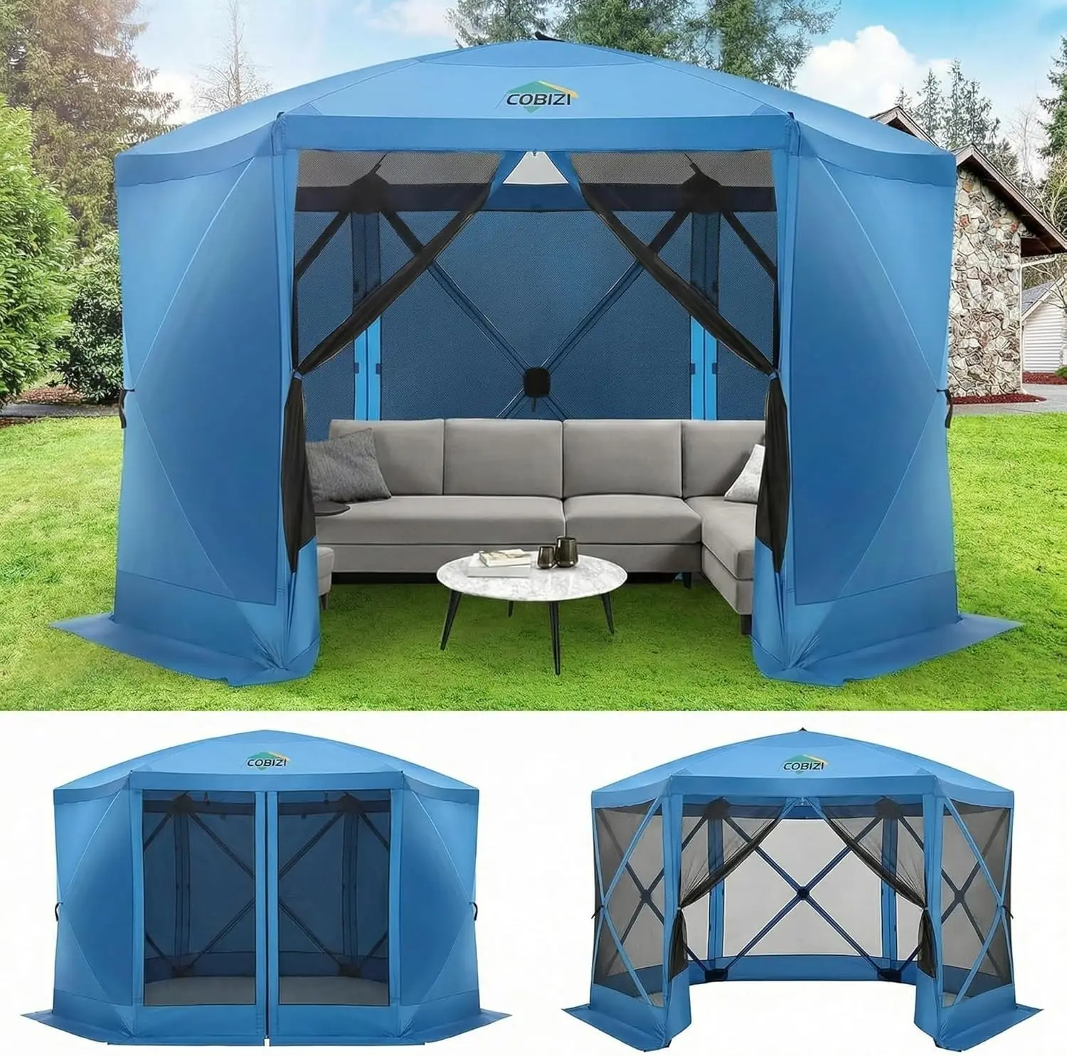 12x12 Pop Up Gazebo, Screen Tent with Carry Bag & Stakes, Blue, Customized