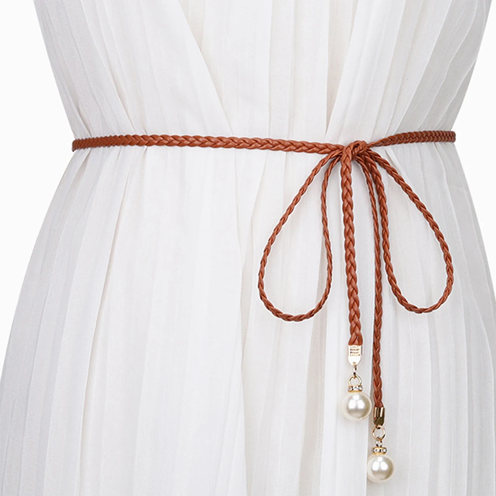 Women Belt Style black Waist Chain Hemp Rope Braided Big Pearl Dress Belt Casual Thin Belt For Dress Candy Color Women