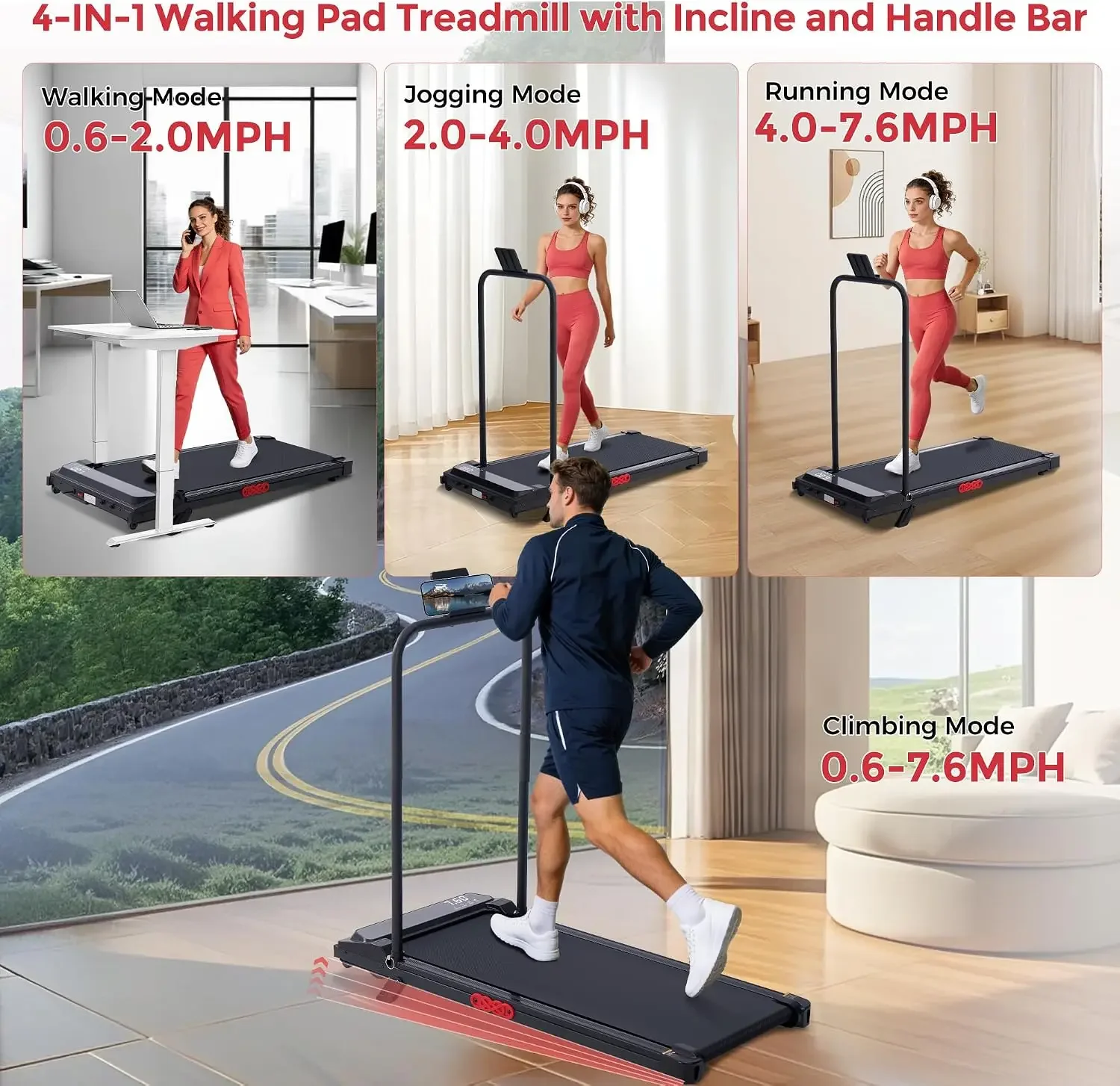 Walking Pad with Incline, Portable Treadmill with Handle Bar for Home, 2026 Upgrade Electric Walking pad Treadmill for Home Smal