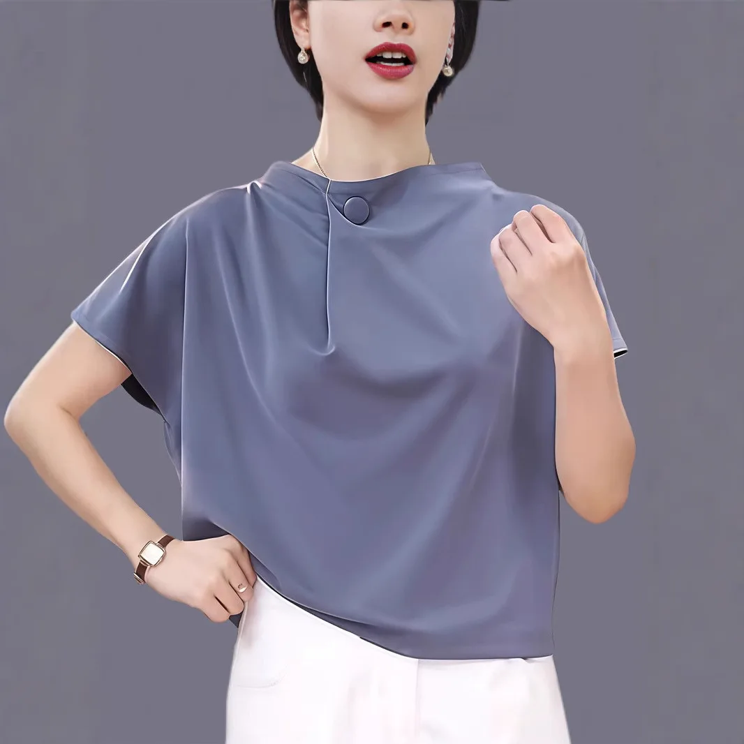 Somenie 2026 New Crew Neck Short Sleeve Left Shoulder Folded T-Shirt Women's Casual Foreign Design Top