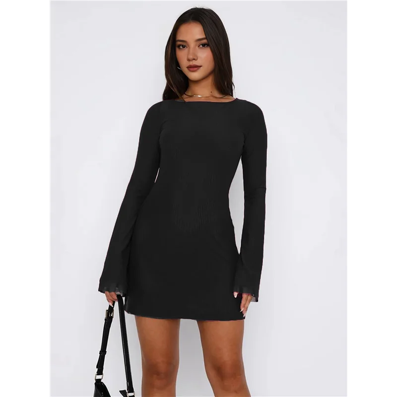 ABRT-Mini vestido de manga larga para mujer, cuello barco, malla, manga acampanada, lazo en la espalda, transparente, sin espalda, ajustado, corto Y2k