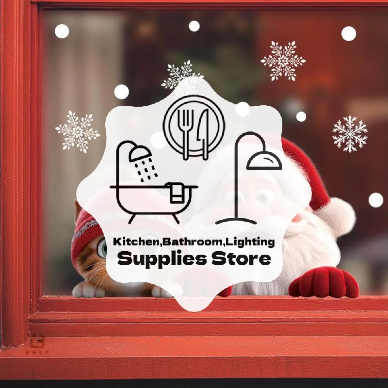 Christmas Window Clings With Cute Santa Cat Snowflake Pattern Removable Self Adhesive For Home Shop Xmas Decoration