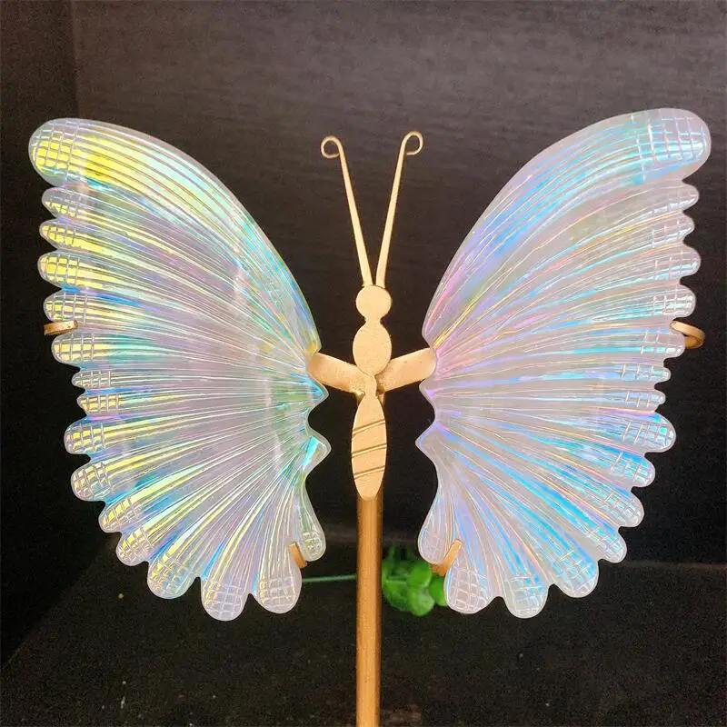 

Natural Aura Quartz Butterfly Wings Crystal Gemstone Hand Carved Statue Reiki Healing Crafts Decoration Gift 1pair