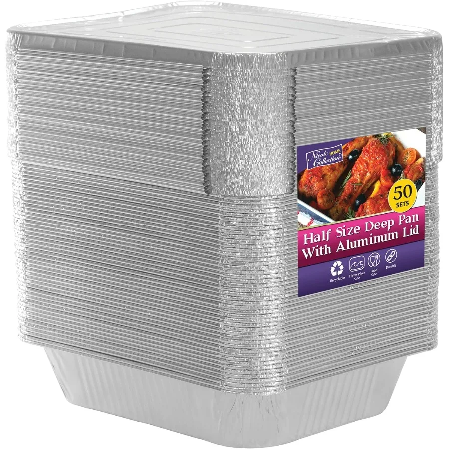 

Aluminum Pans With Lids, Disposable Roasting & Baking Deep Foil Pans Extra Durable Chafing Trays (50pcs, 9"x13" - Half Size)