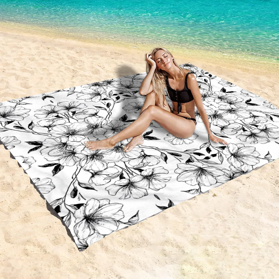 1 outdoor beach blanket, black and white patterned print, portable printed beach mat, easy to clean, 100% polyester fabric