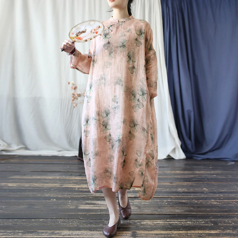 Vestido de lino informal para mujer, recién llegado, primavera 20220, estilo chino, Vintage, cuello mandarín, suelto, corte en A, vestidos largos T451