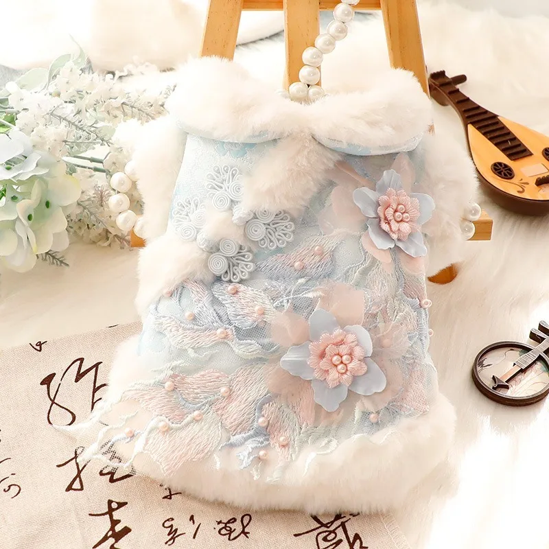 Pet New Year Cat Coat Tang Costume Hanfu Three-dimensional Flower Classical Wholesale Luxury Lace Floral Pearl Outfit