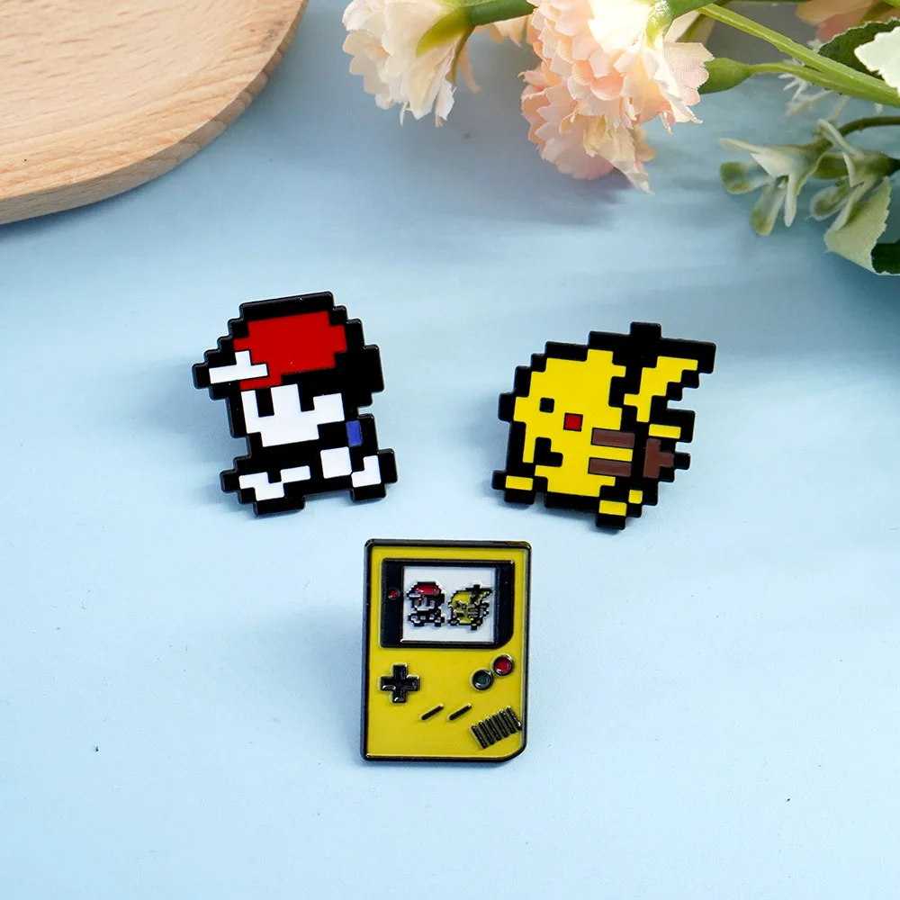 Retro Pixel Game Boy Ash Monster Enamel Pins Vintage Character Lapel Brooch Badge Metal Decor Pins For Backpack Gift