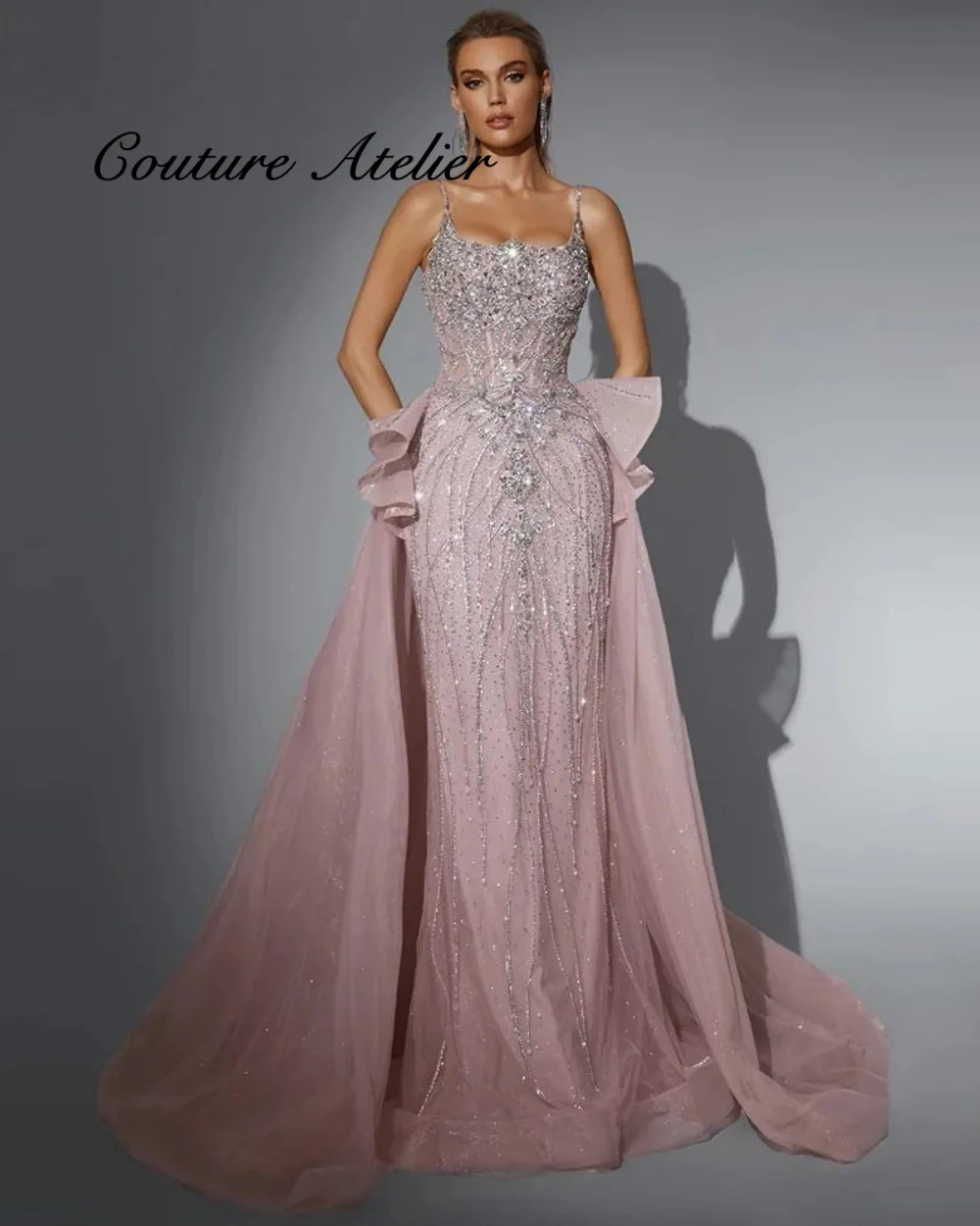 

Luxury Beaded Mermaid Evening Dress for Women Spaghetti Strap Detachable Skirt Formal Prom Wedding Party Gown 2026 Customized