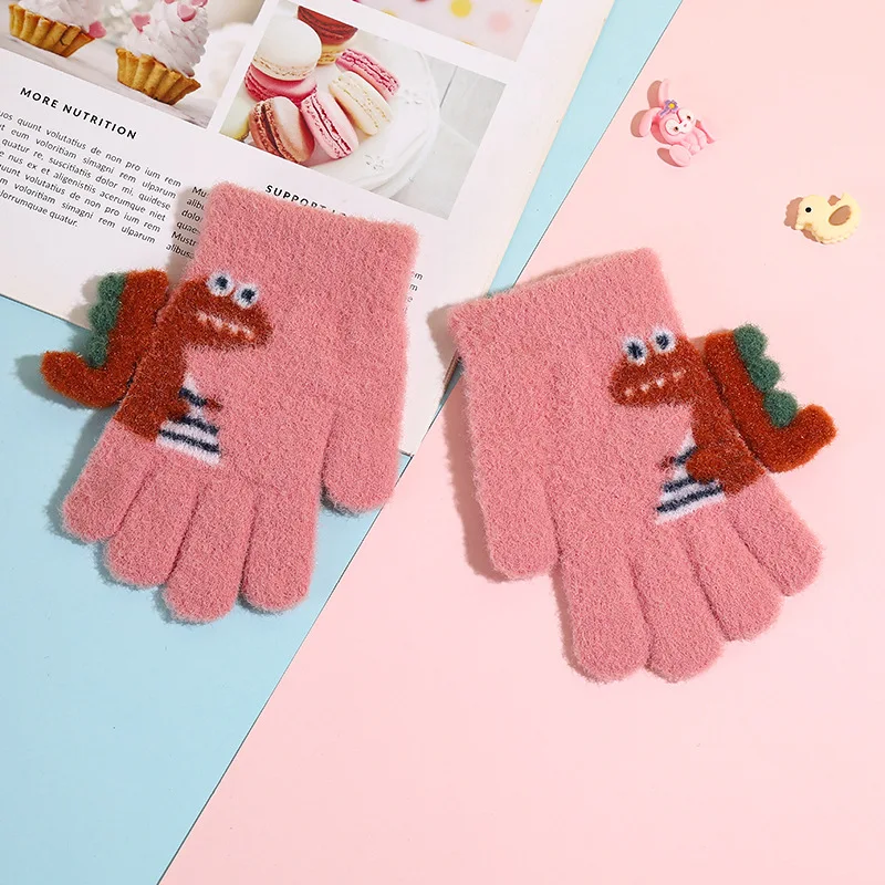 Children 3-6 Years Old Cute Knitted Cartoon Dinosaur Fashion Boys and Girls Winter Warm and Cold Five-finger Gloves