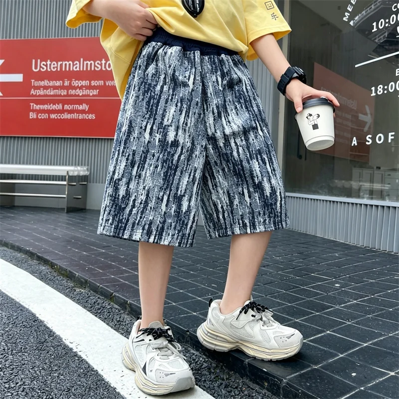 Tweens Boys Fashion Ink Wash Painting Shorts New Summer Teenage Child Loose Sport Korean Casual Shorts Kids Capri Pants 5-14Yrs