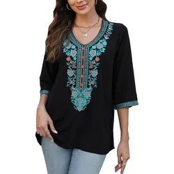 Eaeovni Women's Boho Embroidered Tops Mexican Peasant Shirt Traditional Bohemian 3/4 Sleeve Clothes Tunic Blouse