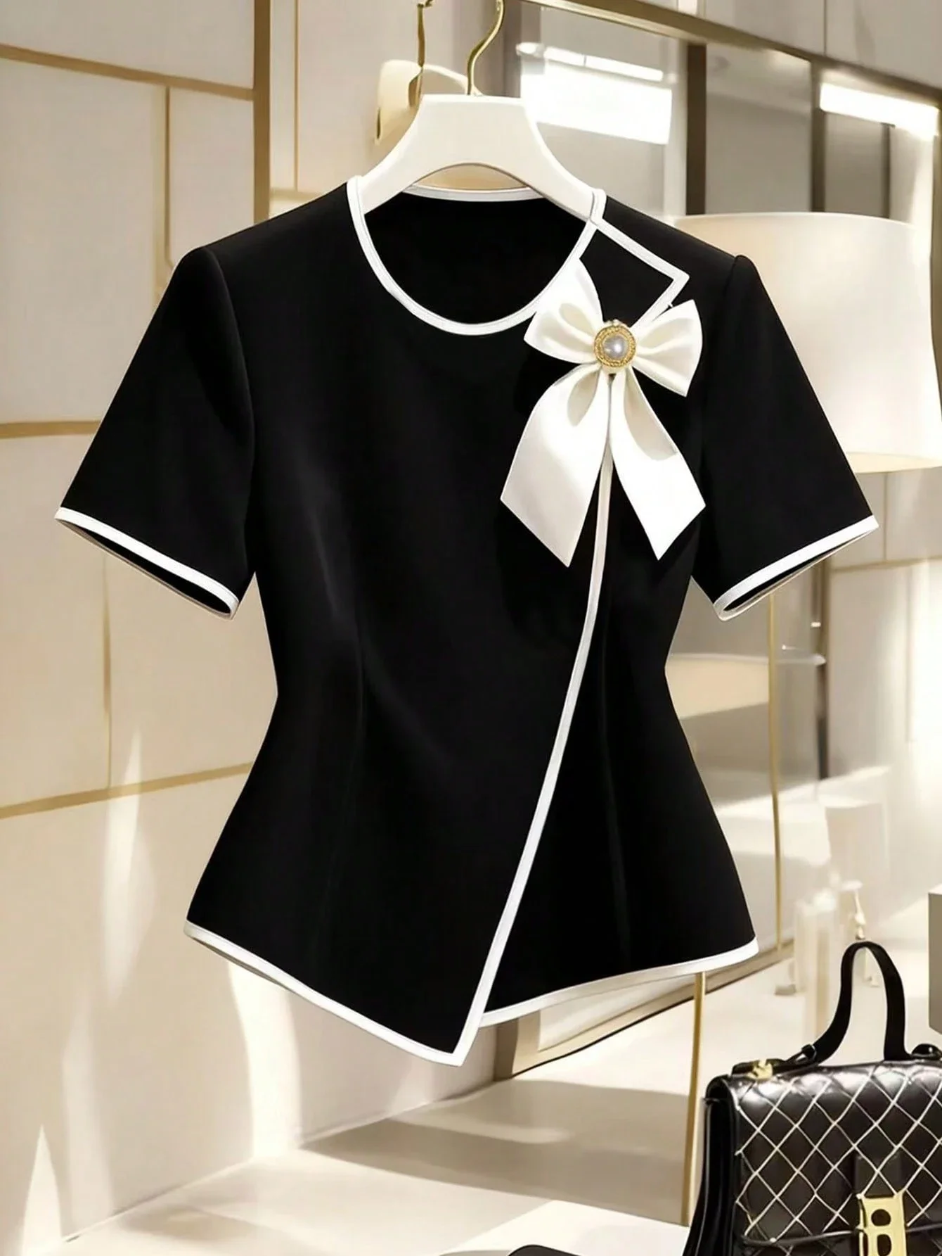 

Elegant Bow Collar Short Sleeve Blouse With Asymmetric Hem For Office And Casual