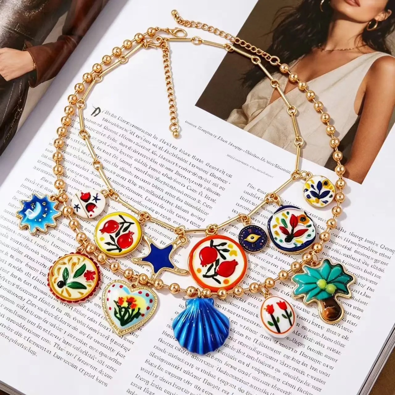 ZAA 2025 New Creative Alloy Printed Colorful Flower Pendant Necklace
