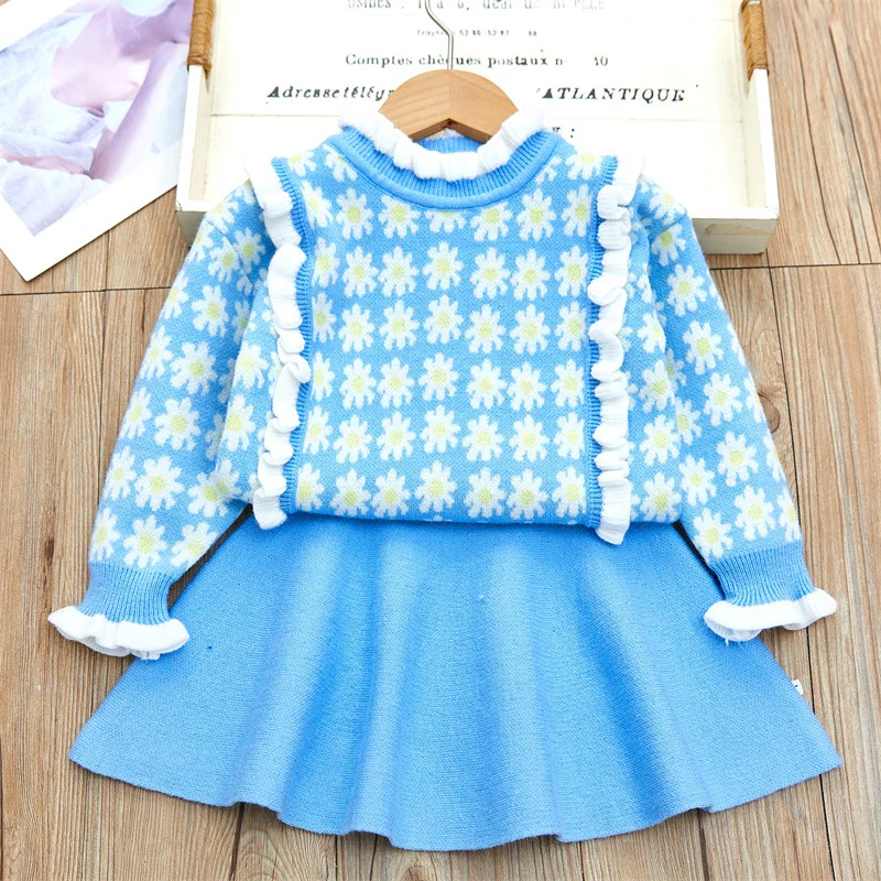 Girls' Sweater Set Autumn Winter New Stylish Baby Girl Floral Ruffled Long Sleeve Children's Two-Piece Set