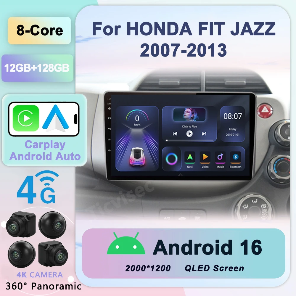 

2 din Android 16 Car Radio For HONDA FIT JAZZ 2007-2013 Multimedia Video Player GPS Navigation RDS 4G Carplay Head unit