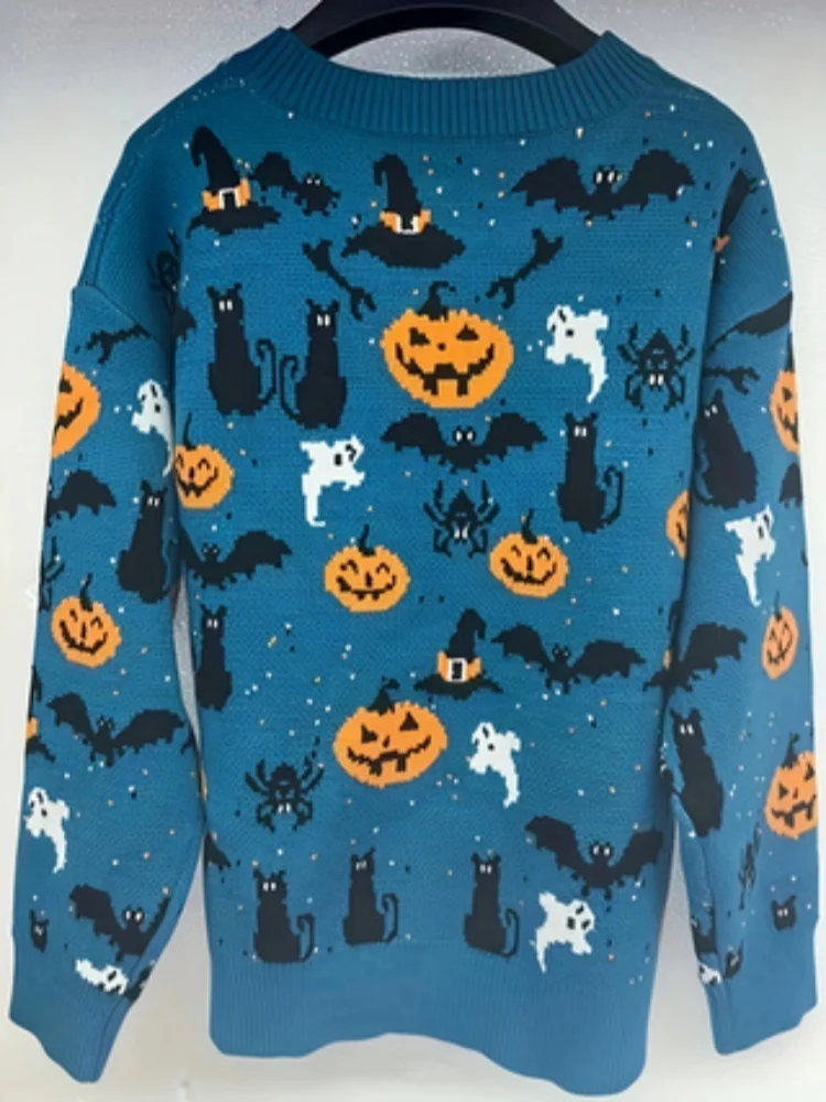 Sweter z dzianiny damski zimowy ciepły wzór dyniowy ducha z długimi rękawami luźny sweter z okrągłym dekoltem na Halloween Goth