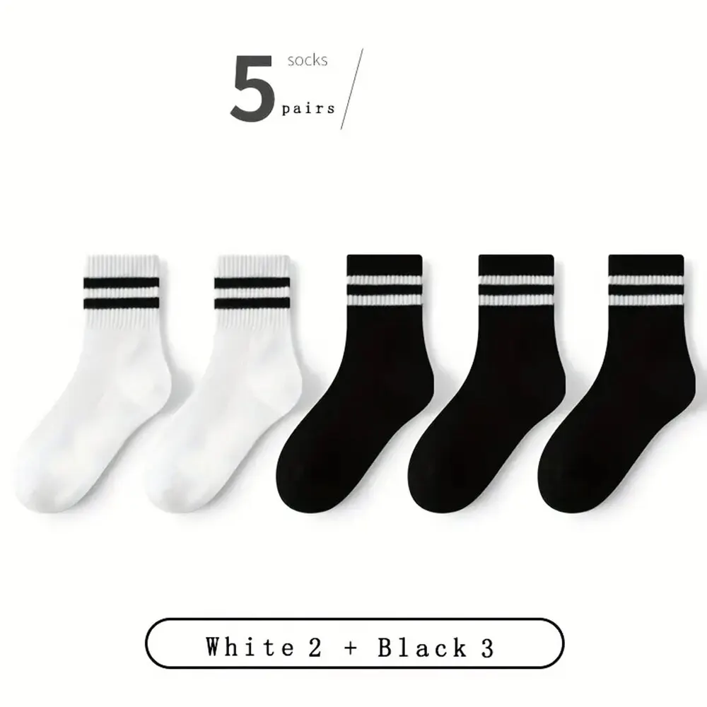 5 Pairs Women\'s Mid Length Socks Solid Color Parallel Stripe Simple Fashionable Sports Sweat-Absorbing High-Quality Girls\' Socks