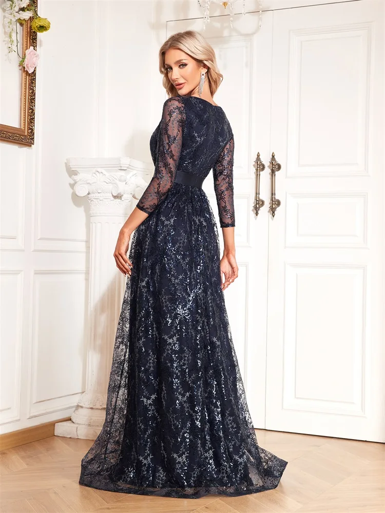 Lucyinlove New Elegant Blue V-Neck Floral Evening Dress Long 2024 Luxury Women Long Sleeve Wedding Party Cocktail Dress Prom